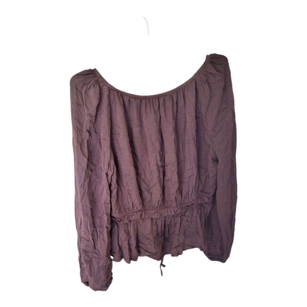 Women’s Burgundy Boho Blouse Long Sleeve V Neck Tie Waist Peplum Top Flowy Shirt - Picture 2 of 3